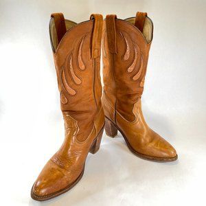 FRYE size 7-1/2 women's cowgirl boots, worked in light brown leather, 3" heel